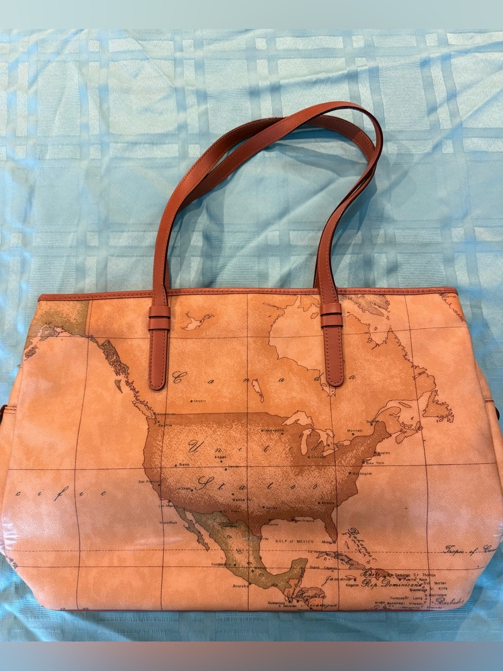 Alviero Martini Vintage Map Print Leather Laptop Tote in Tan